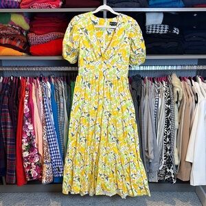 Bright & Beautiful yellow/white/green floral short puff sleeve midi dress size 6